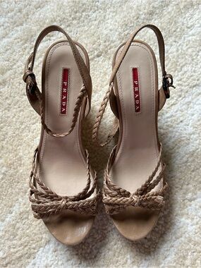 Prada Nude Braided Cork Wedge Sandals 38